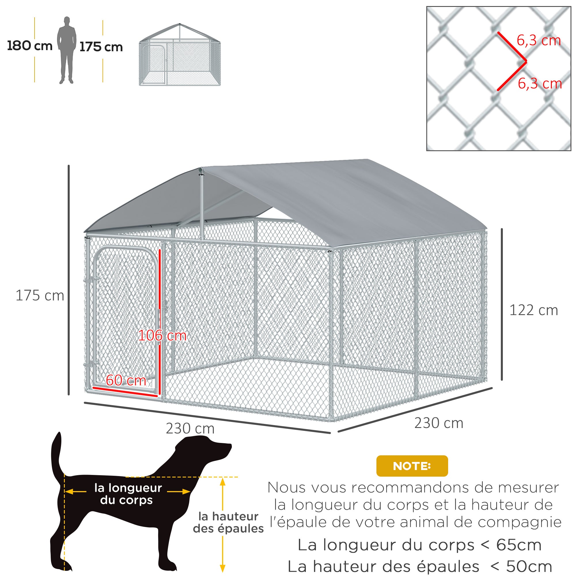 5m² Outdoor Dog Kennel with Roof - 230 x 230 x 175 cm Mesh Enclosure - Covered Space - Galvanized Steel