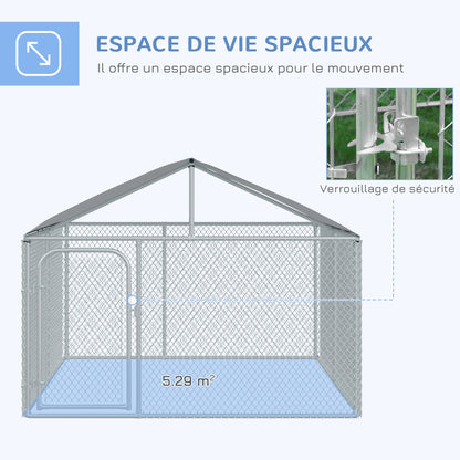 5m² Outdoor Dog Kennel with Roof - 230 x 230 x 175 cm Mesh Enclosure - Covered Space - Galvanized Steel