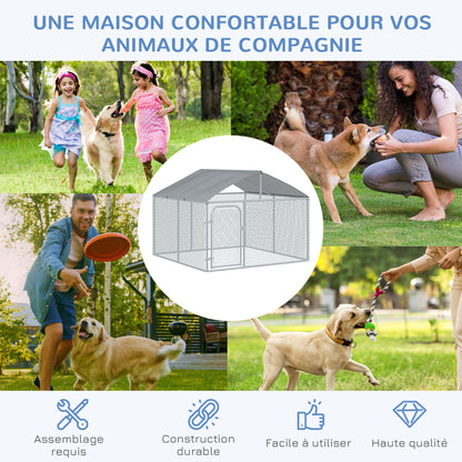 5m² Outdoor Dog Kennel with Roof - 230 x 230 x 175 cm Mesh Enclosure - Covered Space - Galvanized Steel