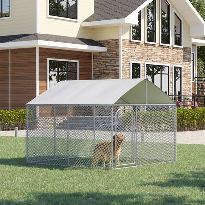 5m² Outdoor Dog Kennel with Roof - 230 x 230 x 175 cm Mesh Enclosure - Covered Space - Galvanized Steel