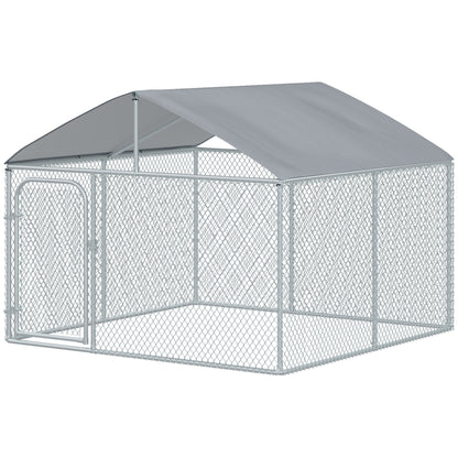 5m² Outdoor Dog Kennel with Roof - 230 x 230 x 175 cm Mesh Enclosure - Covered Space - Galvanized Steel