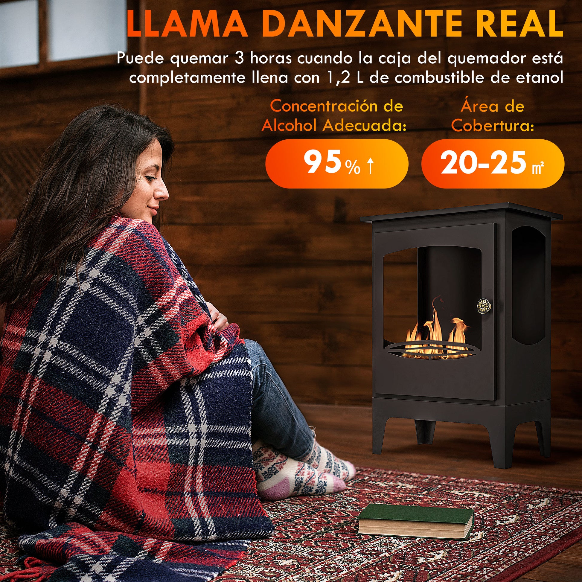 Ethanol Fireplace 7000BTU Bioethanol Fireplace with Stainless Steel Extinguisher Tank 1.2 L Combustion Time 3H for Indoors 20-25 sqm 39x26x54 cm Black