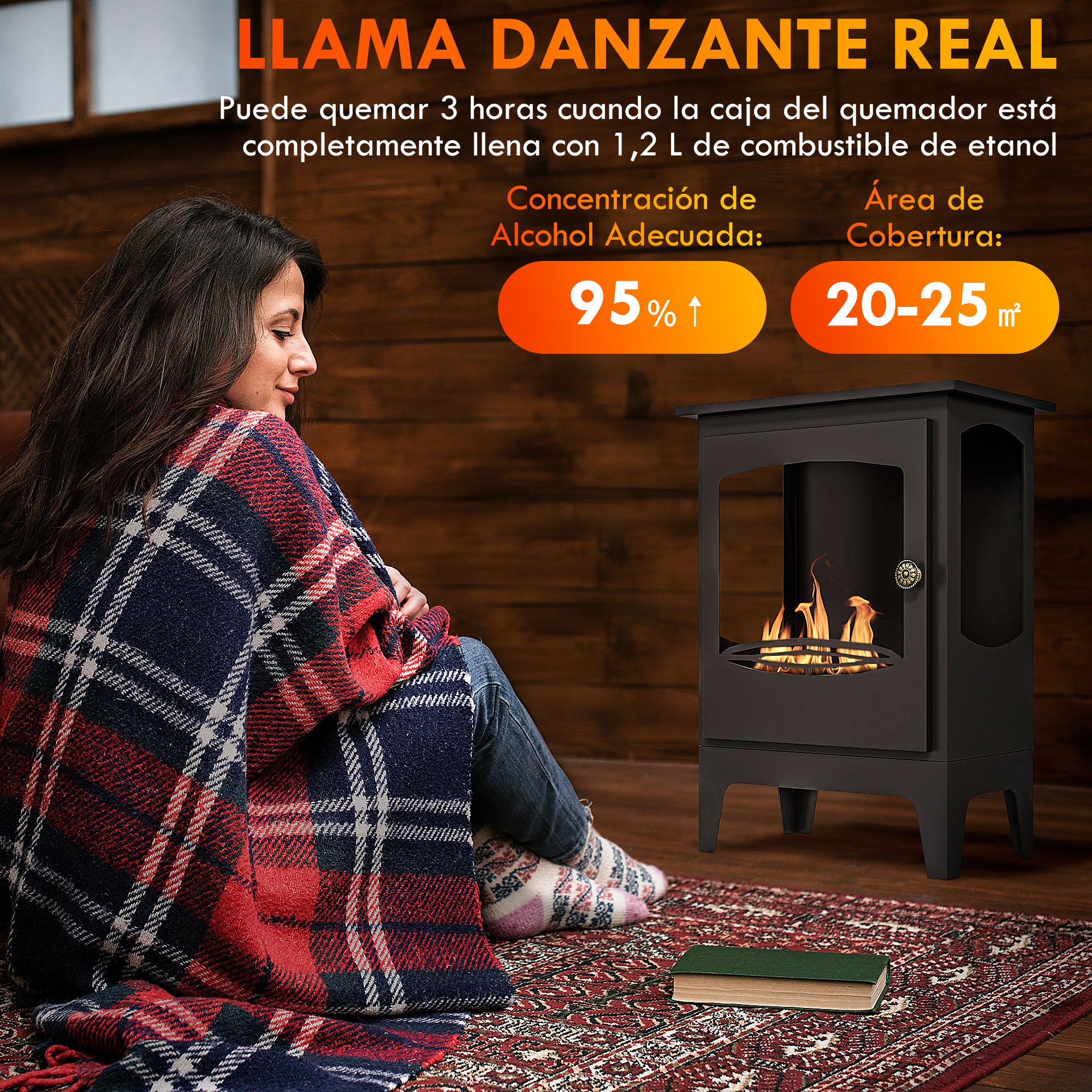 Ethanol Fireplace 7000BTU Bioethanol Fireplace with Stainless Steel Extinguisher Tank 1.2 L Combustion Time 3H for Indoors 20-25 sqm 39x26x54 cm Black