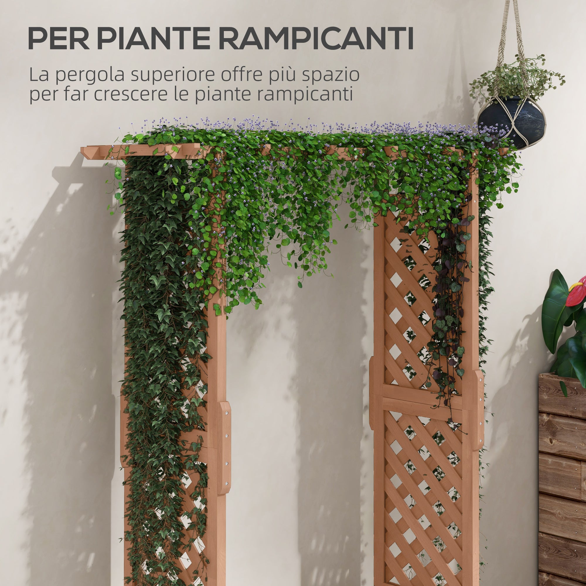 Planter with Trellis and Roof in Spruce Wood, Outdoor Planter with Drainage Holes, 112x41x180 cm, Brown