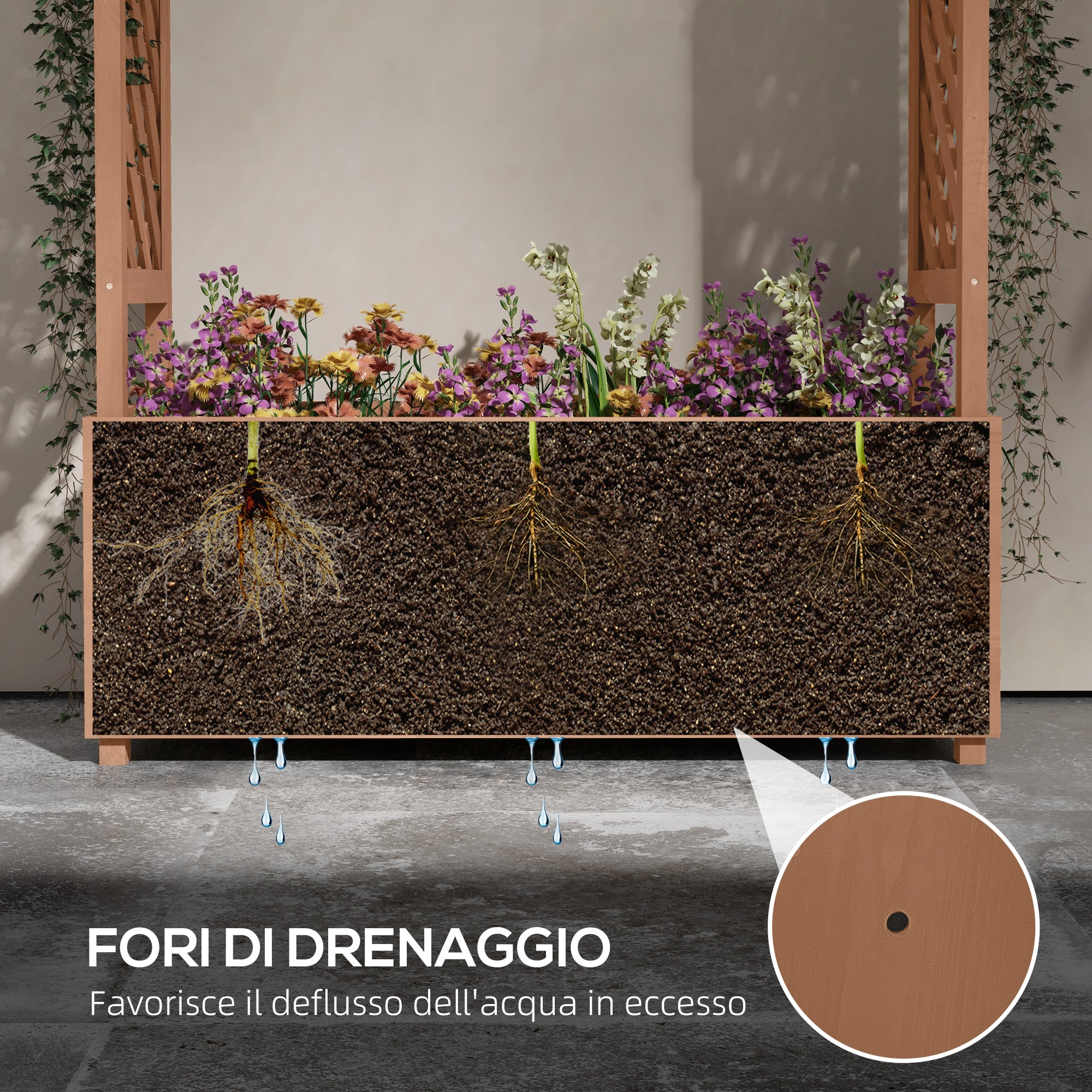 Planter with Trellis and Roof in Spruce Wood, Outdoor Planter with Drainage Holes, 112x41x180 cm, Brown