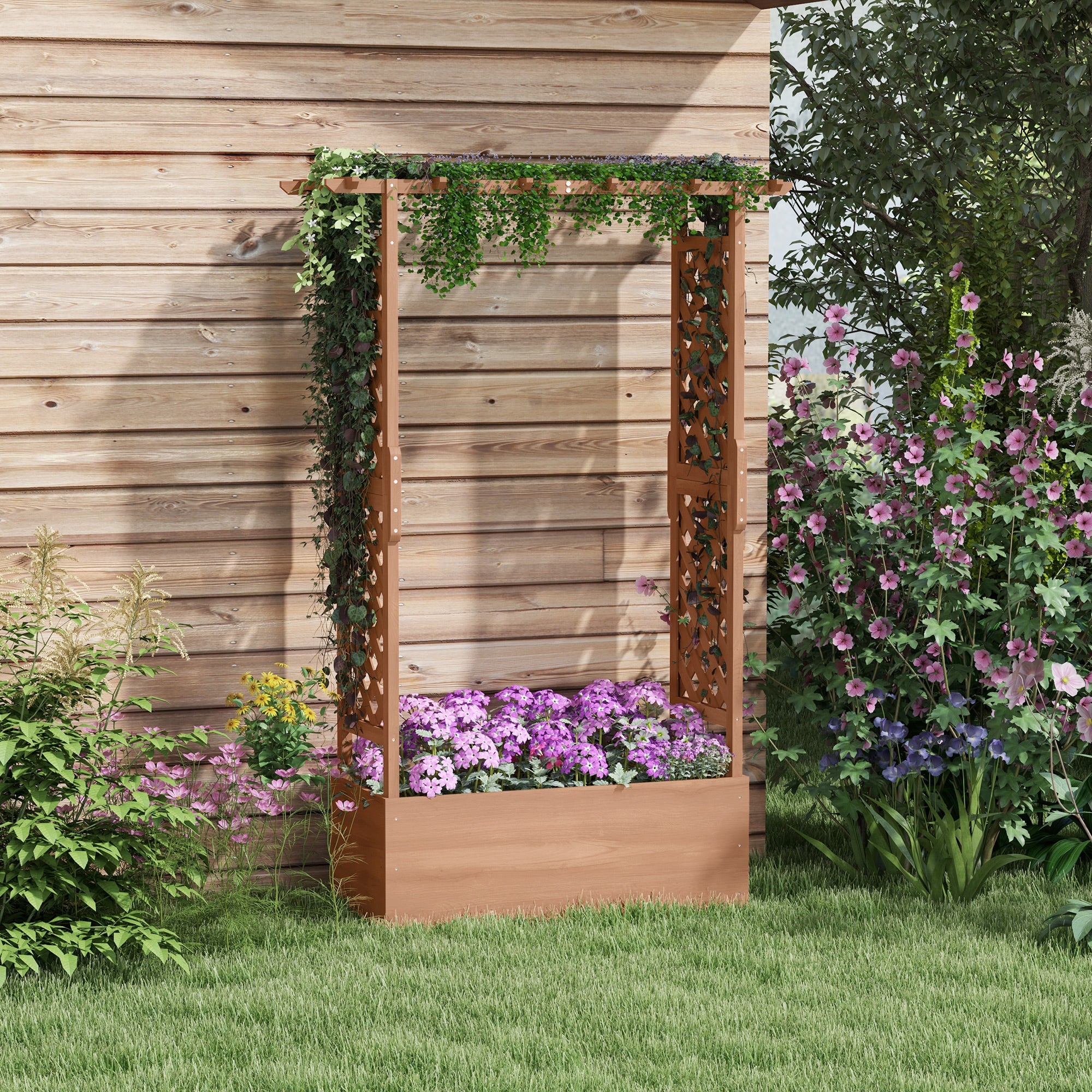 Planter with Trellis and Roof in Spruce Wood, Outdoor Planter with Drainage Holes, 112x41x180 cm, Brown