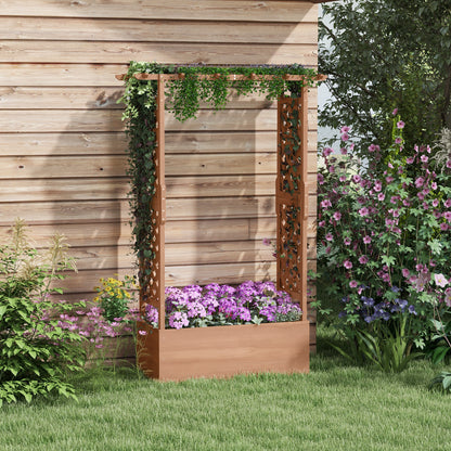 Planter with Trellis and Roof in Spruce Wood, Outdoor Planter with Drainage Holes, 112x41x180 cm, Brown