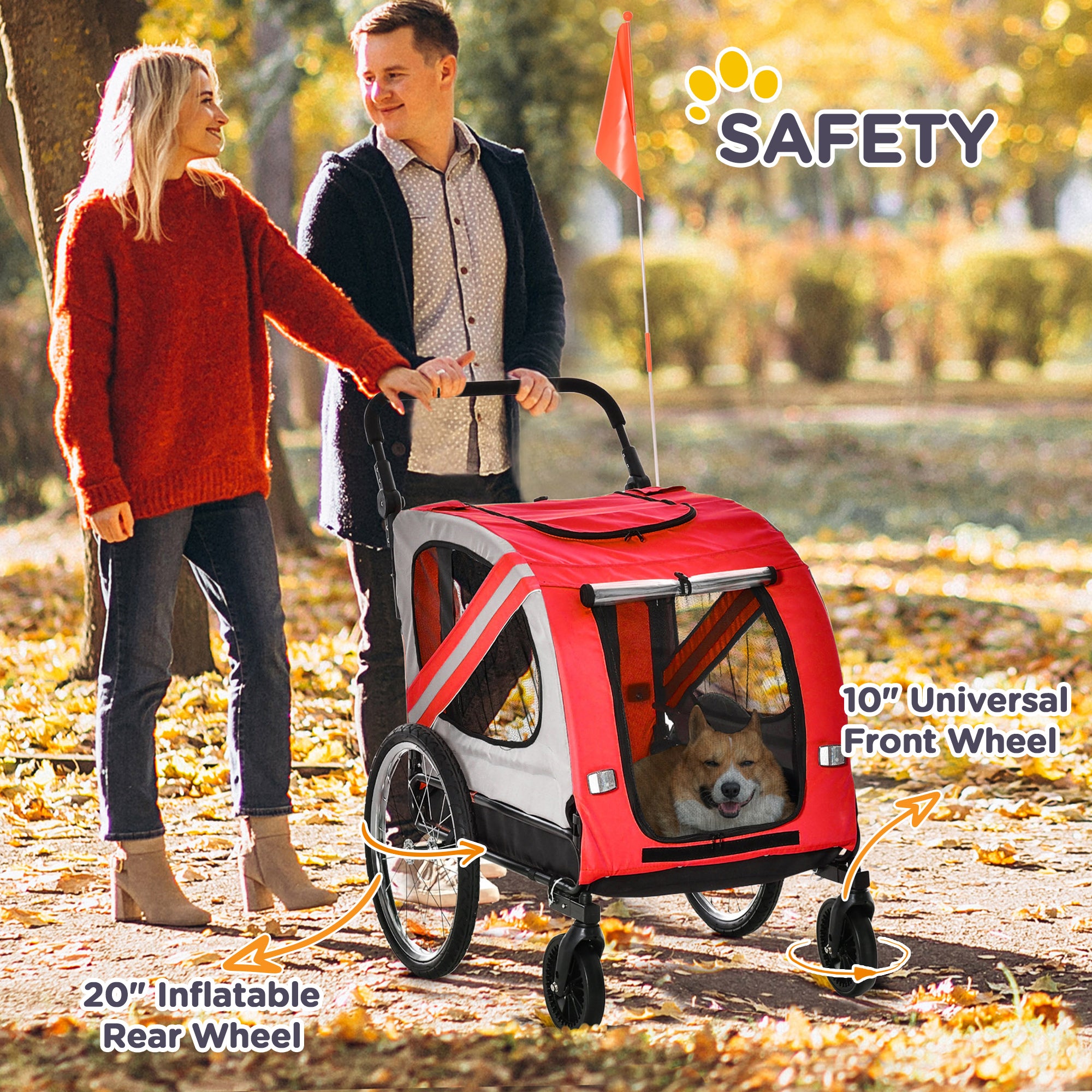 2-in-1 Dog Trailer & Dog Stroller, Dog Bike Trailer Bicycle Trailer, Dog Cart with Reflectors for Medium-sized Dogs up to 20 kg, Oxford Fabric, Red