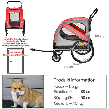 2-in-1 Dog Trailer & Dog Stroller, Dog Bike Trailer Bicycle Trailer, Dog Cart with Reflectors for Medium-sized Dogs up to 20 kg, Oxford Fabric, Red