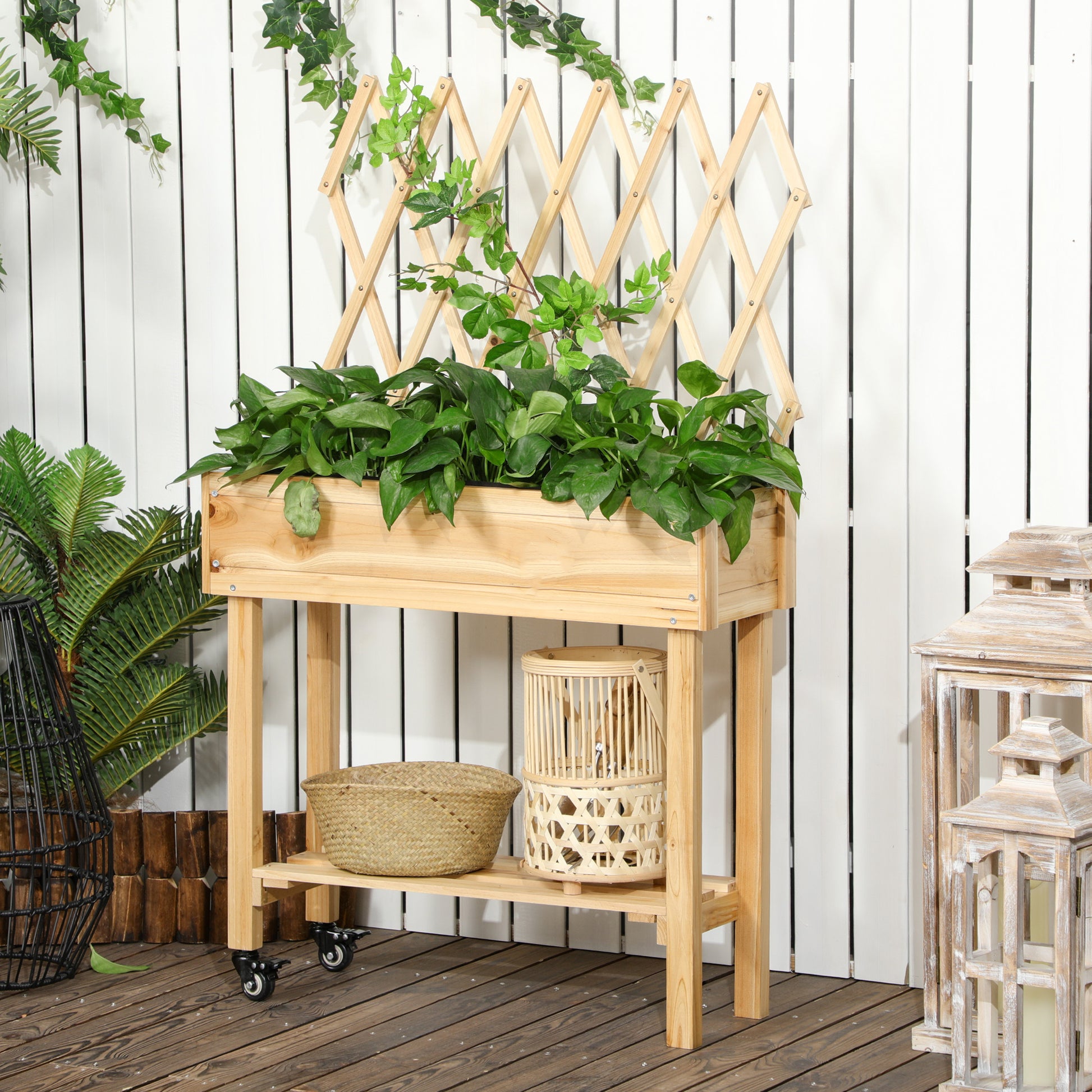 Raised Urban Garden with Wheels Wooden Planting Table with Trellis Raised Garden Bed with Non-Woven Fabric and Drainage Hole for Plants Flowers 31.10x11.42x51.18 inches Natural