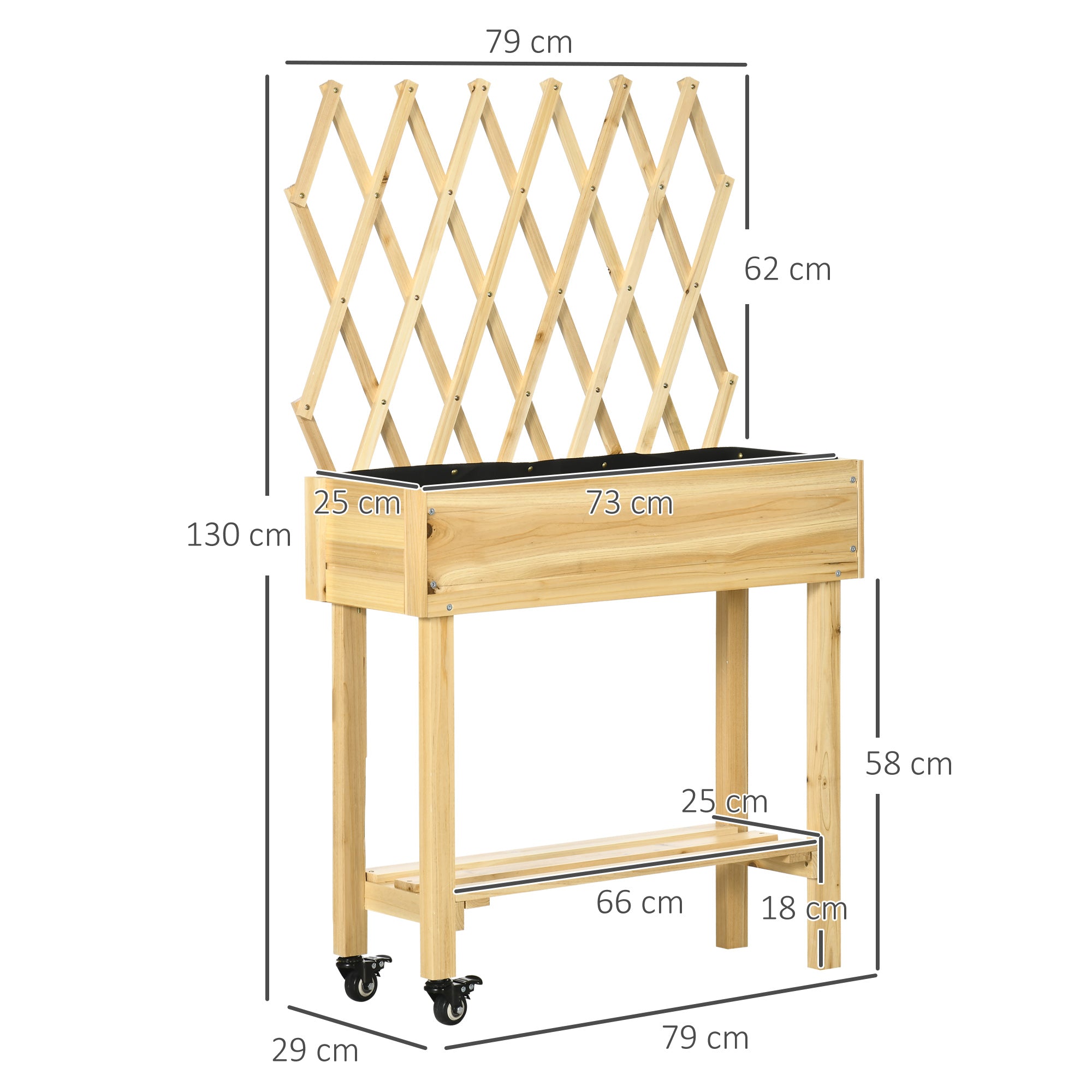 Raised Urban Garden with Wheels Wooden Planting Table with Trellis Raised Garden Bed with Non-Woven Fabric and Drainage Hole for Plants Flowers 31.10x11.42x51.18 inches Natural