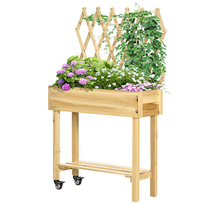 Raised Urban Garden with Wheels Wooden Planting Table with Trellis Raised Garden Bed with Non-Woven Fabric and Drainage Hole for Plants Flowers 31.10x11.42x51.18 inches Natural