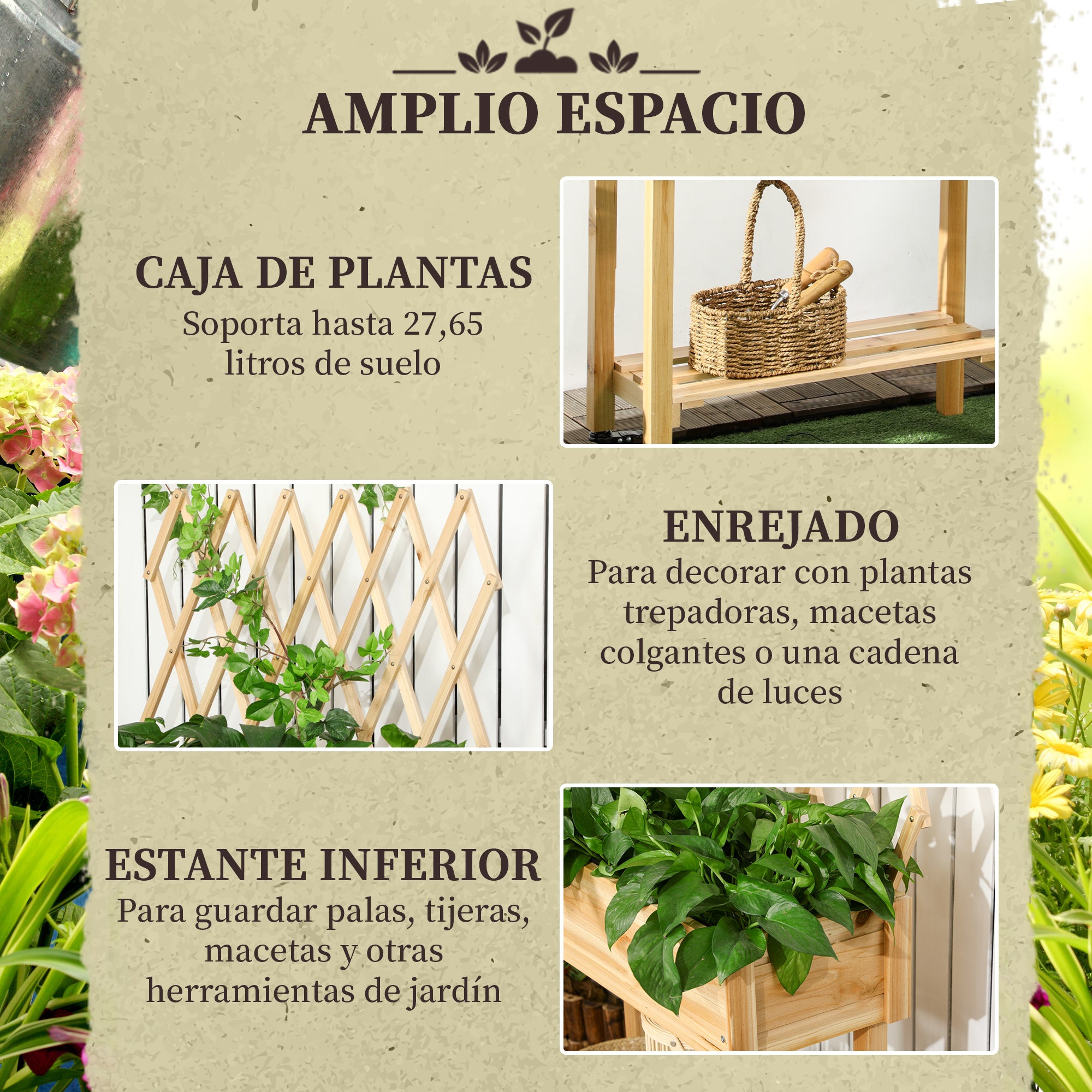 Raised Urban Garden with Wheels Wooden Planting Table with Trellis Raised Garden Bed with Non-Woven Fabric and Drainage Hole for Plants Flowers 31.10x11.42x51.18 inches Natural