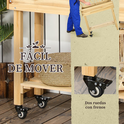 Raised Urban Garden with Wheels Wooden Planting Table with Trellis Raised Garden Bed with Non-Woven Fabric and Drainage Hole for Plants Flowers 31.10x11.42x51.18 inches Natural