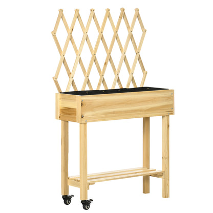 Raised Urban Garden with Wheels Wooden Planting Table with Trellis Raised Garden Bed with Non-Woven Fabric and Drainage Hole for Plants Flowers 31.10x11.42x51.18 inches Natural