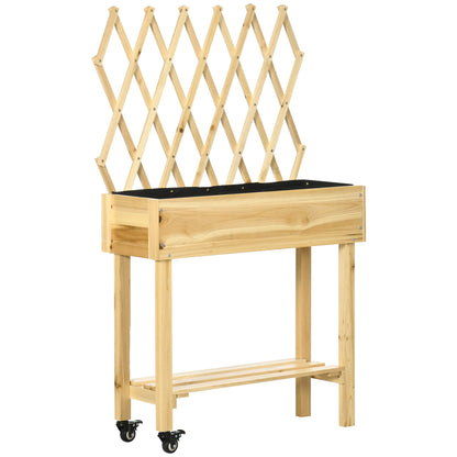Raised Urban Garden with Wheels Wooden Planting Table with Trellis Raised Garden Bed with Non-Woven Fabric and Drainage Hole for Plants Flowers 31.10x11.42x51.18 inches Natural