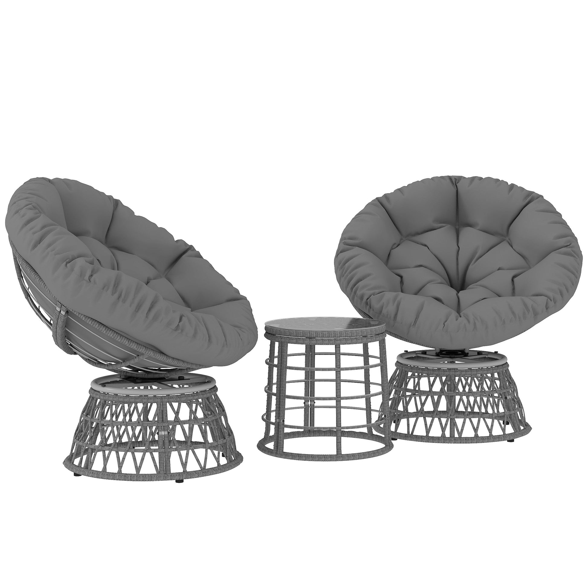 3-Piece Garden Lounge Set with 2 Swivel Papasan Chairs and 1 Round Low Table, 2 Large Cushions Provided, Gray Resin Wicker Polyester