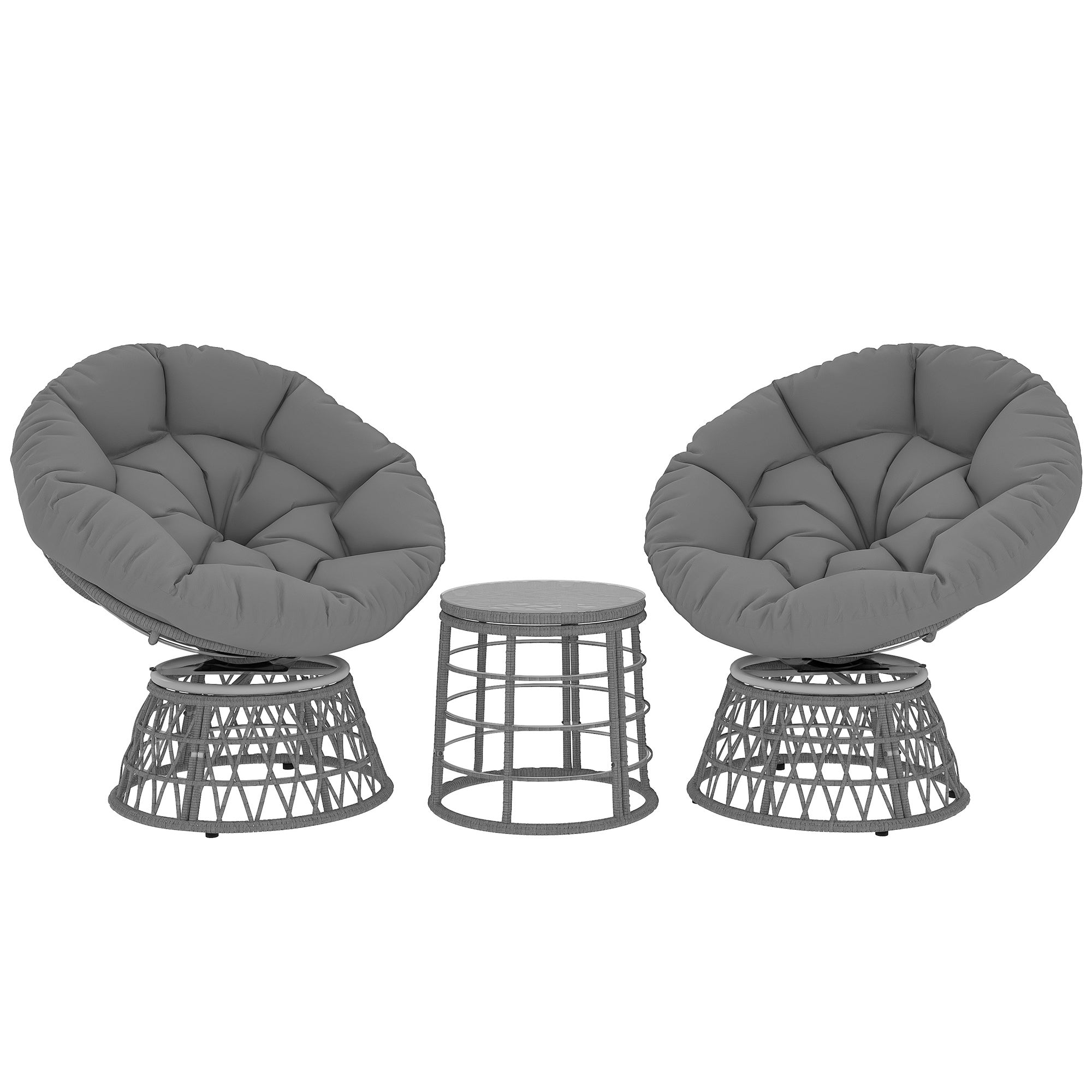 3-Piece Garden Lounge Set with 2 Swivel Papasan Chairs and 1 Round Low Table, 2 Large Cushions Provided, Gray Resin Wicker Polyester