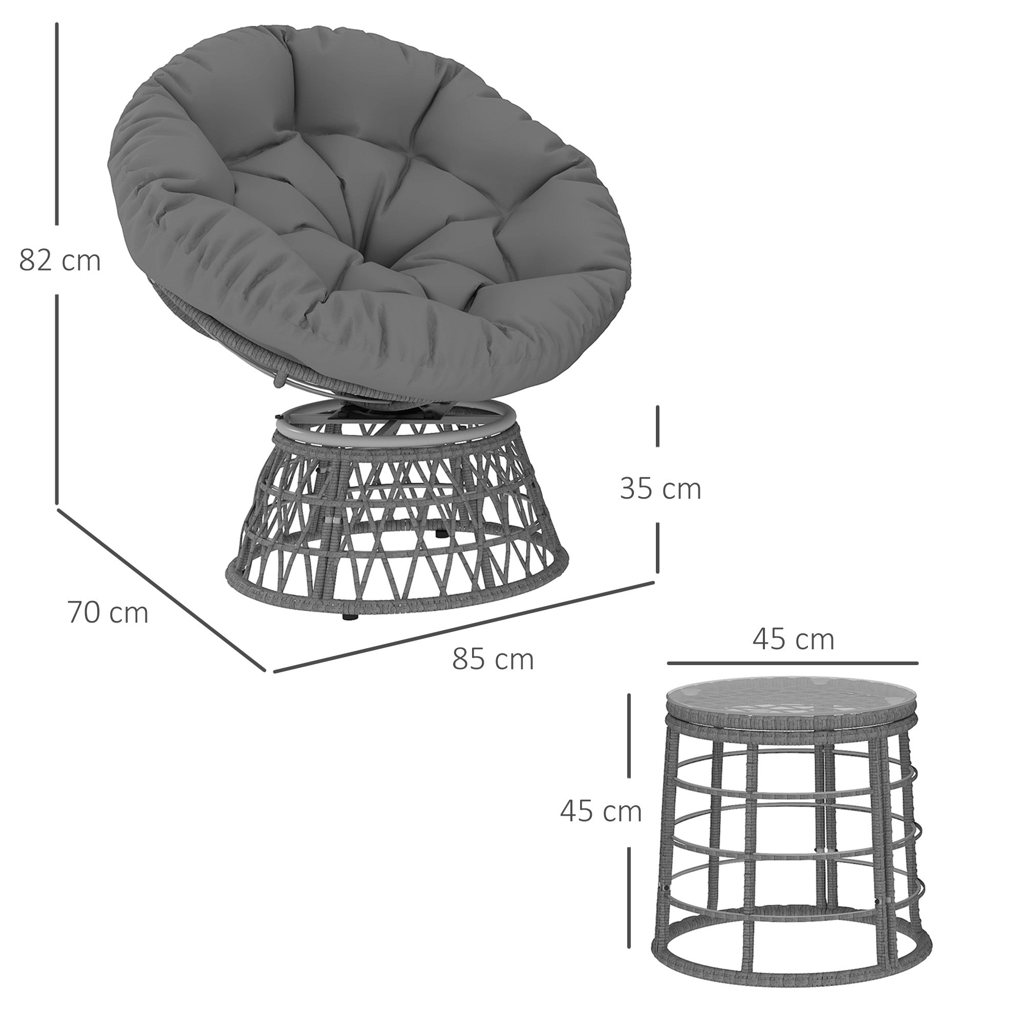 3-Piece Garden Lounge Set with 2 Swivel Papasan Chairs and 1 Round Low Table, 2 Large Cushions Provided, Gray Resin Wicker Polyester