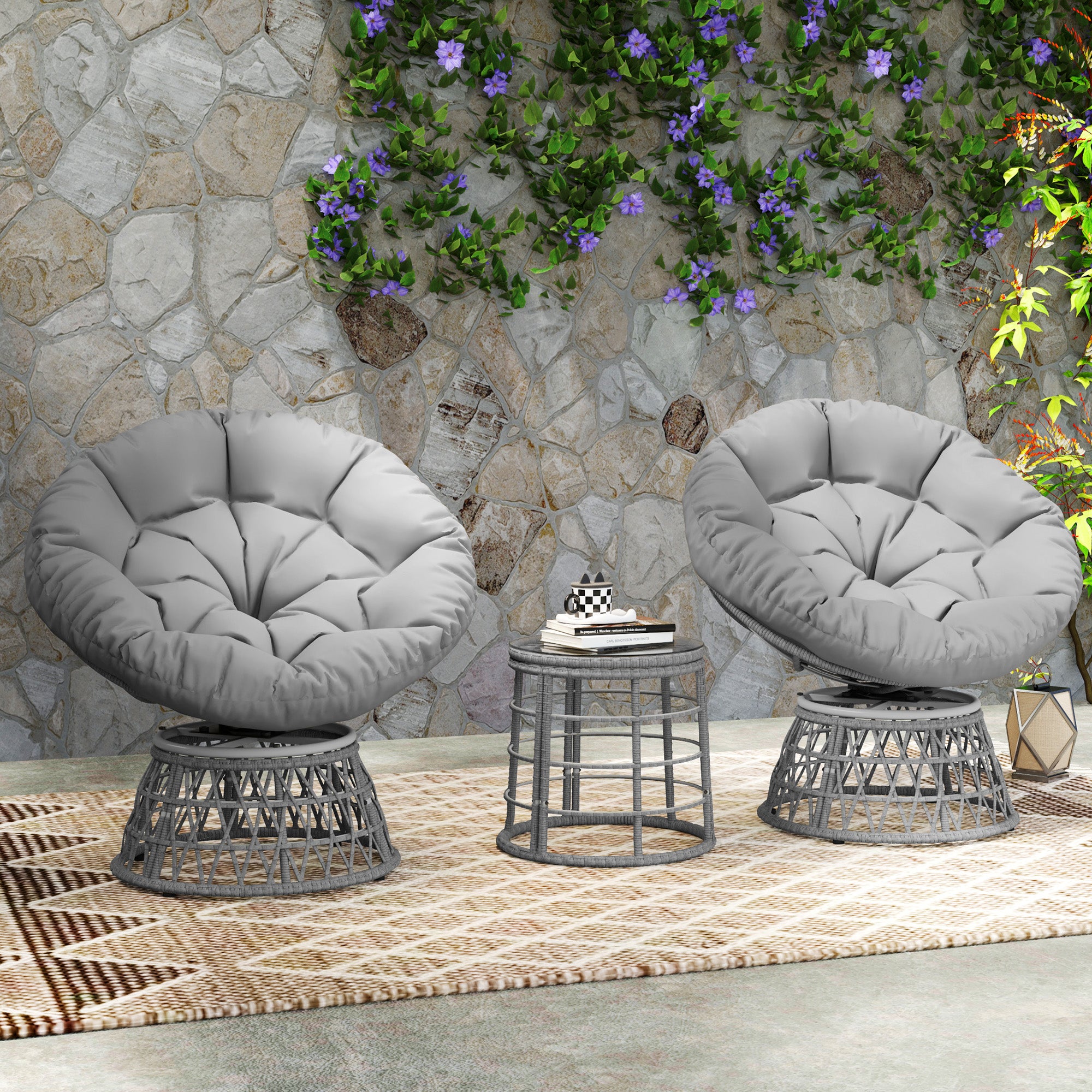 3-Piece Garden Lounge Set with 2 Swivel Papasan Chairs and 1 Round Low Table, 2 Large Cushions Provided, Gray Resin Wicker Polyester