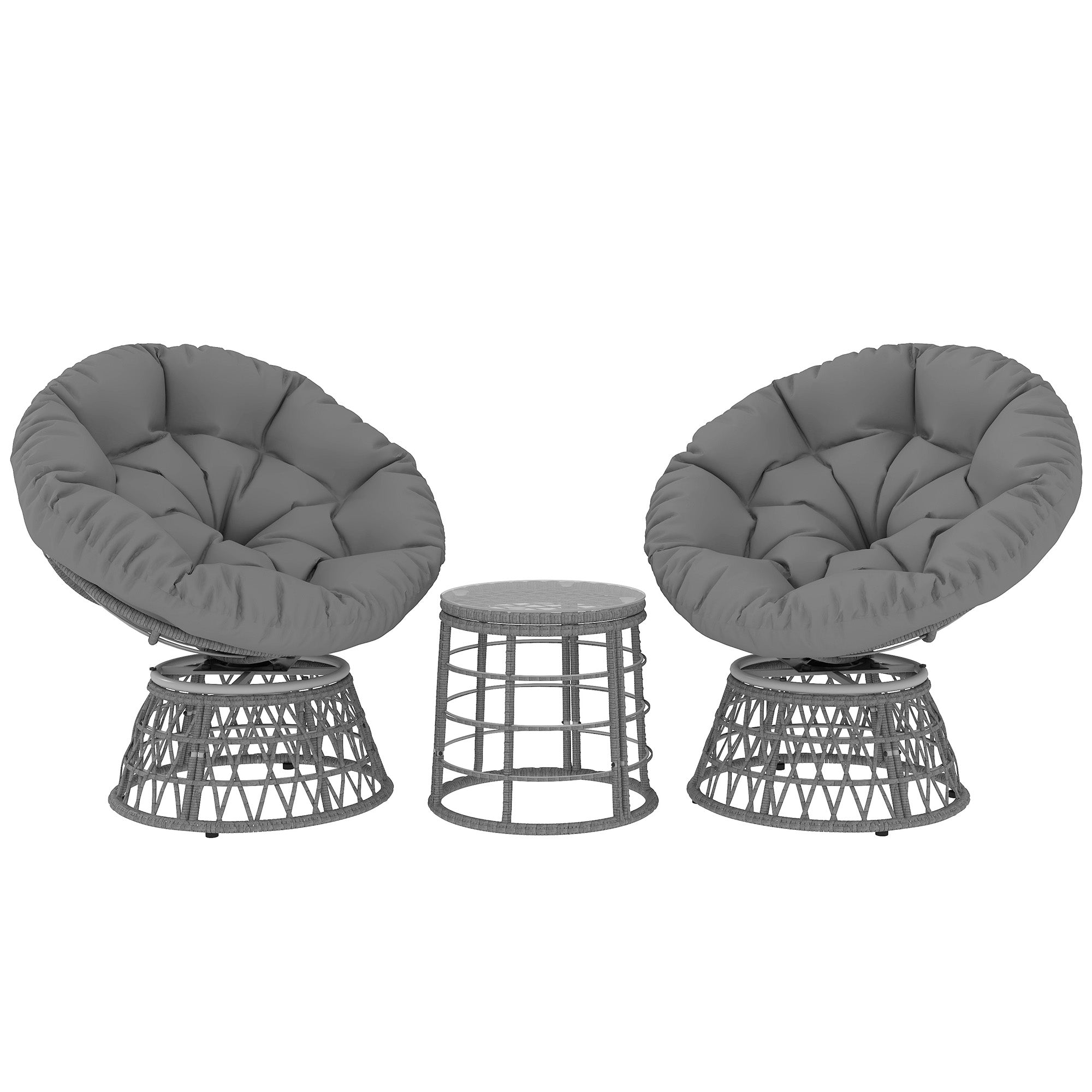 3-Piece Garden Lounge Set with 2 Swivel Papasan Chairs and 1 Round Low Table, 2 Large Cushions Provided, Gray Resin Wicker Polyester