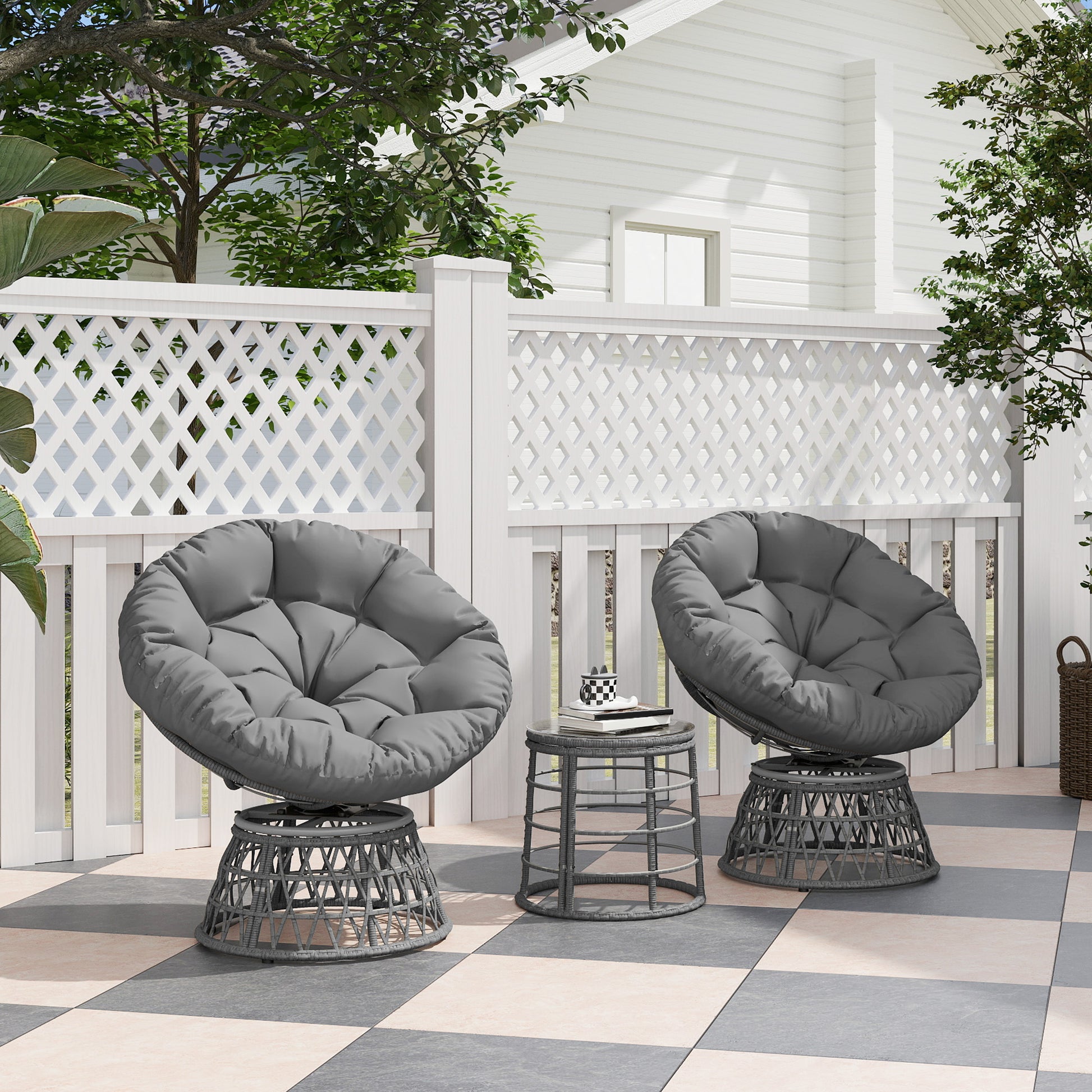 3-Piece Garden Lounge Set with 2 Swivel Papasan Chairs and 1 Round Low Table, 2 Large Cushions Provided, Gray Resin Wicker Polyester