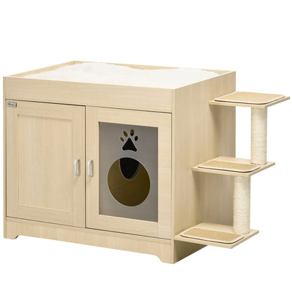 Cat Litter Box Furniture with 2 Doors Cat Litter Cabinet with Soft Cushion Bed 3 Platforms and Sisal Posts 107x54x70 cm Oak