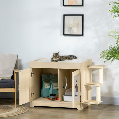 Cat Litter Box Furniture with 2 Doors Cat Litter Cabinet with Soft Cushion Bed 3 Platforms and Sisal Posts 107x54x70 cm Oak
