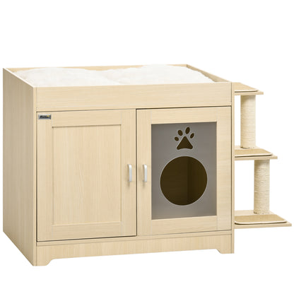 Cat Litter Box Furniture with 2 Doors Cat Litter Cabinet with Soft Cushion Bed 3 Platforms and Sisal Posts 107x54x70 cm Oak