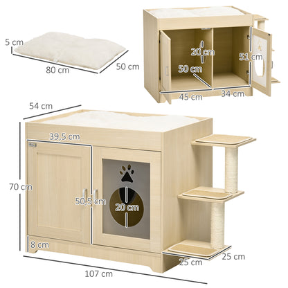 Cat Litter Box Furniture with 2 Doors Cat Litter Cabinet with Soft Cushion Bed 3 Platforms and Sisal Posts 107x54x70 cm Oak