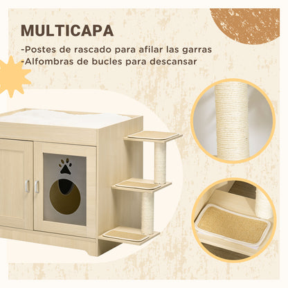 Cat Litter Box Furniture with 2 Doors Cat Litter Cabinet with Soft Cushion Bed 3 Platforms and Sisal Posts 107x54x70 cm Oak
