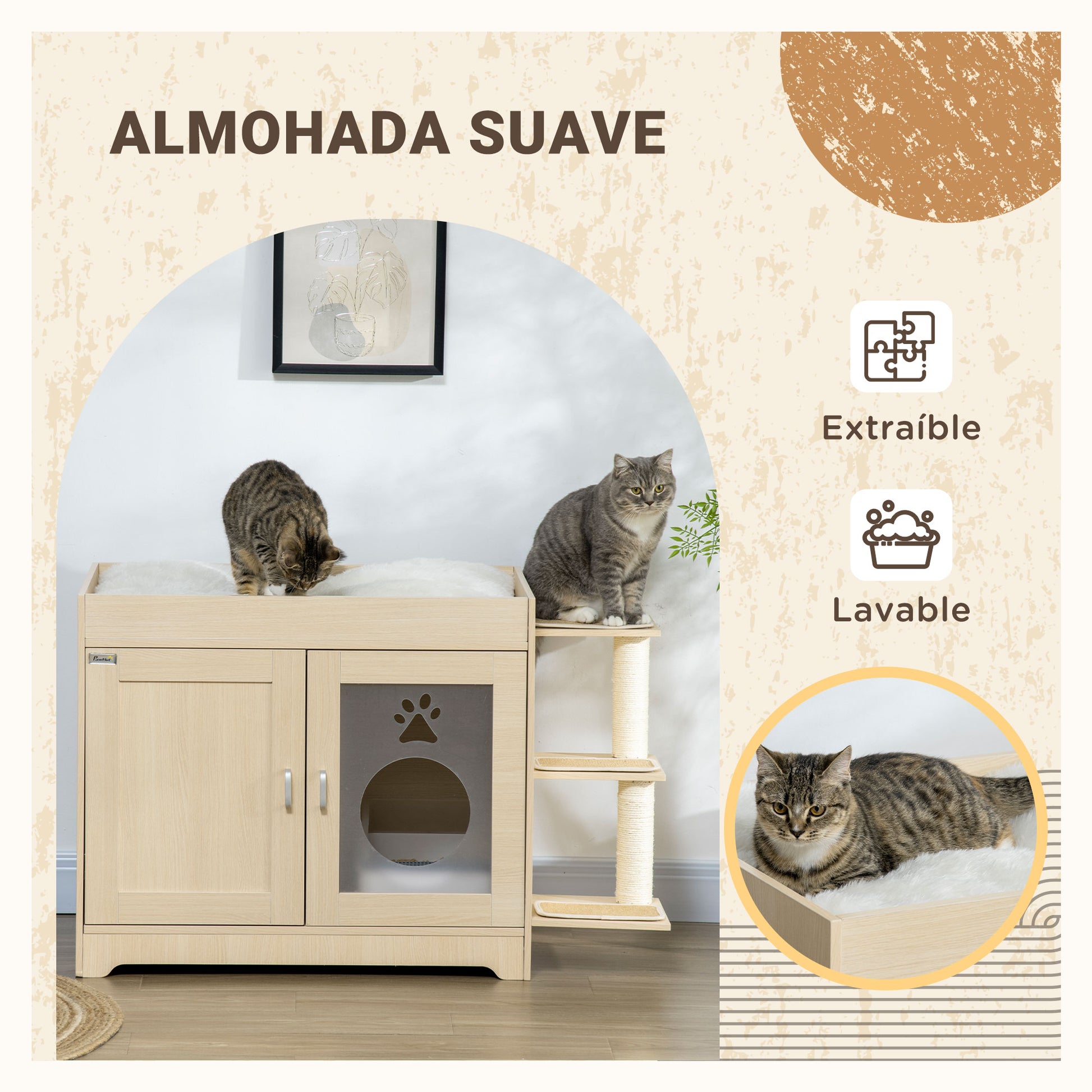 Cat Litter Box Furniture with 2 Doors Cat Litter Cabinet with Soft Cushion Bed 3 Platforms and Sisal Posts 107x54x70 cm Oak