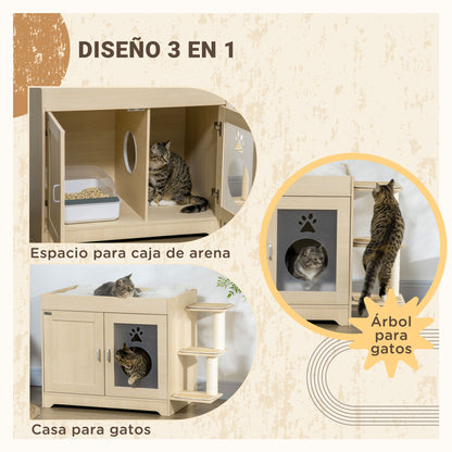Cat Litter Box Furniture with 2 Doors Cat Litter Cabinet with Soft Cushion Bed 3 Platforms and Sisal Posts 107x54x70 cm Oak