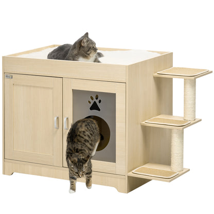 Cat Litter Box Furniture with 2 Doors Cat Litter Cabinet with Soft Cushion Bed 3 Platforms and Sisal Posts 107x54x70 cm Oak