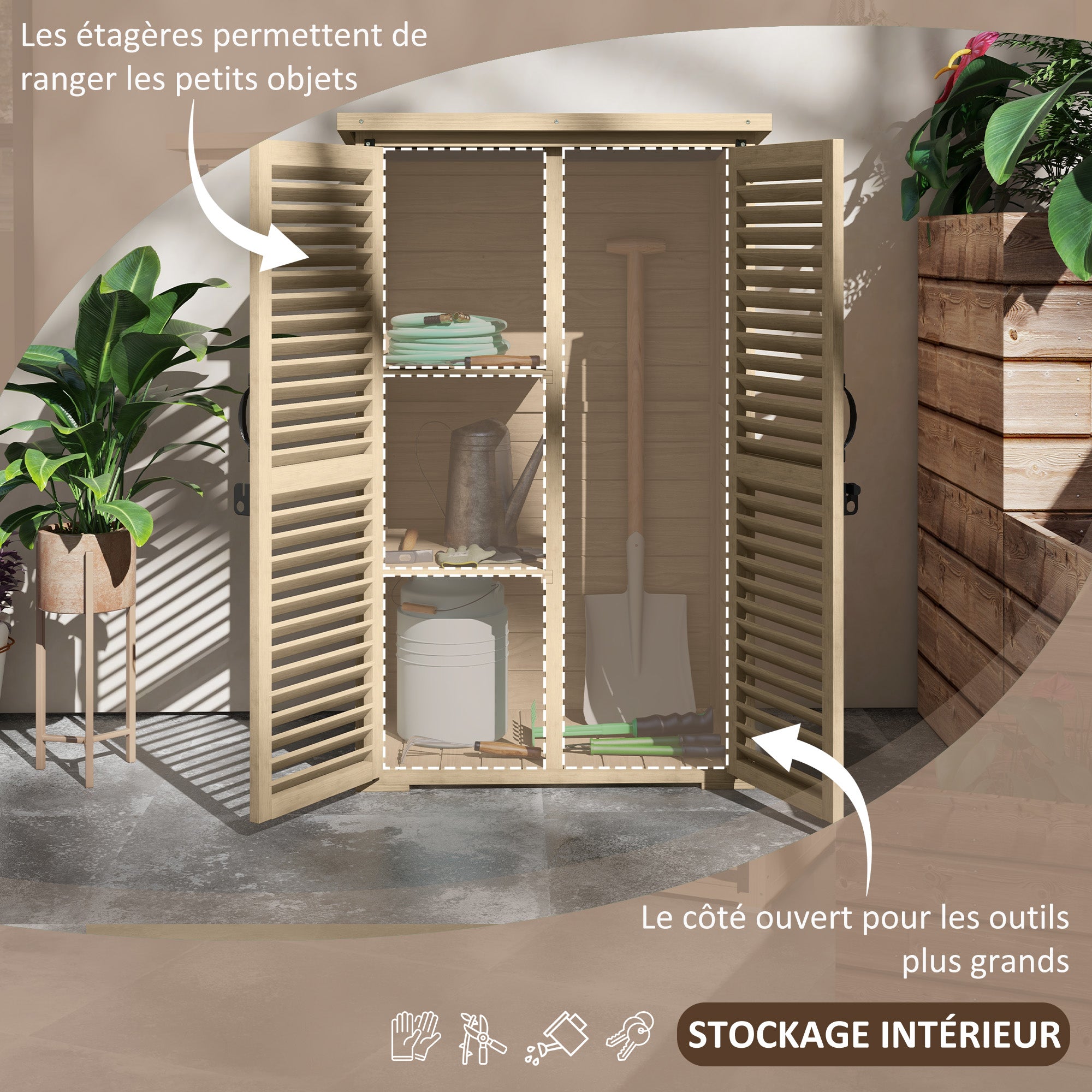 Garden Tool Storage Shed with 2 Shelves Natural Wood Bitumen Roof Louvered Doors Lockable 75 x 50 x 118