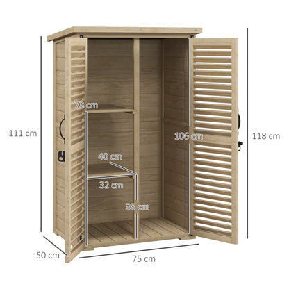 Garden Tool Storage Shed with 2 Shelves Natural Wood Bitumen Roof Louvered Doors Lockable 75 x 50 x 118