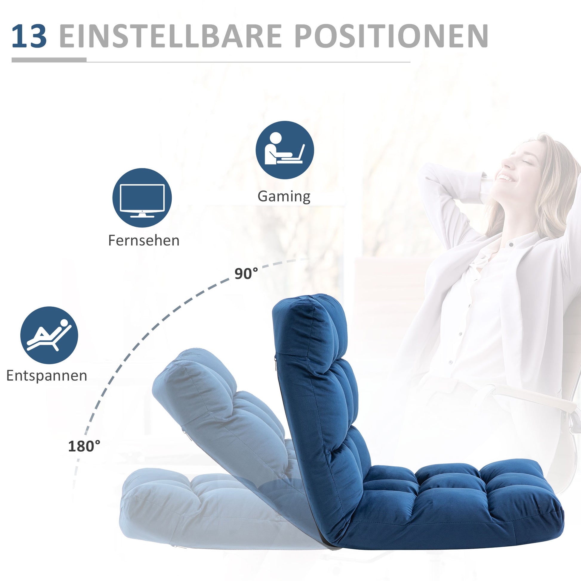 Floor Chair 3-in-1 Foldable Floor Seat with Backrest 13 Adjustable Folding Recliner Seat Cushion Blue Metal Foam 55 x 71 x 53.5 cm