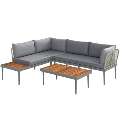 4-Seater Modular Outdoor Corner Garden Furniture Set in Acacia Wood and Steel with Sofas and Coffee Table, Slatted Tabletop and Cushions Included, Garden Furniture Patio Veranda, Gray