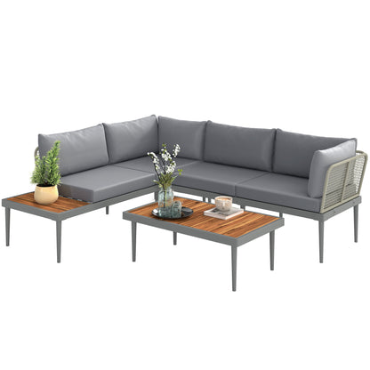 4-Seater Modular Outdoor Corner Garden Furniture Set in Acacia Wood and Steel with Sofas and Coffee Table, Slatted Tabletop and Cushions Included, Garden Furniture Patio Veranda, Gray