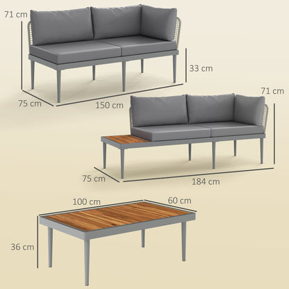 4-Seater Modular Outdoor Corner Garden Furniture Set in Acacia Wood and Steel with Sofas and Coffee Table, Slatted Tabletop and Cushions Included, Garden Furniture Patio Veranda, Gray