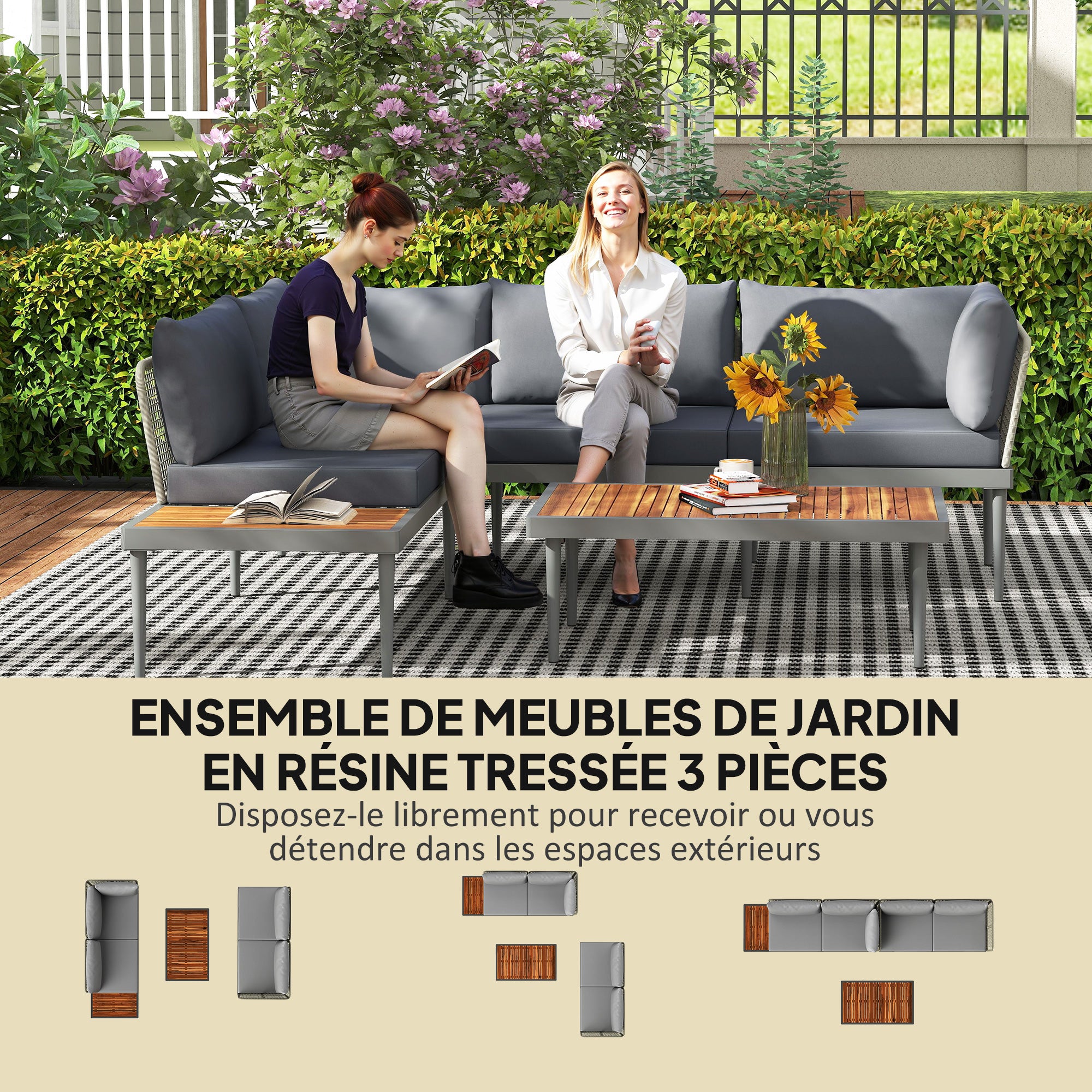 4-Seater Modular Outdoor Corner Garden Furniture Set in Acacia Wood and Steel with Sofas and Coffee Table, Slatted Tabletop and Cushions Included, Garden Furniture Patio Veranda, Gray