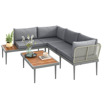4-Seater Modular Outdoor Corner Garden Furniture Set in Acacia Wood and Steel with Sofas and Coffee Table, Slatted Tabletop and Cushions Included, Garden Furniture Patio Veranda, Gray