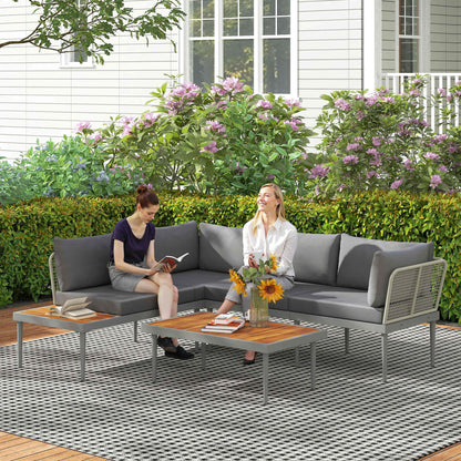 4-Seater Modular Outdoor Corner Garden Furniture Set in Acacia Wood and Steel with Sofas and Coffee Table, Slatted Tabletop and Cushions Included, Garden Furniture Patio Veranda, Gray
