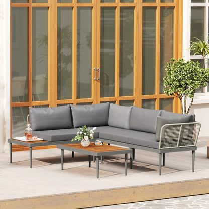 4-Seater Modular Outdoor Corner Garden Furniture Set in Acacia Wood and Steel with Sofas and Coffee Table, Slatted Tabletop and Cushions Included, Garden Furniture Patio Veranda, Gray