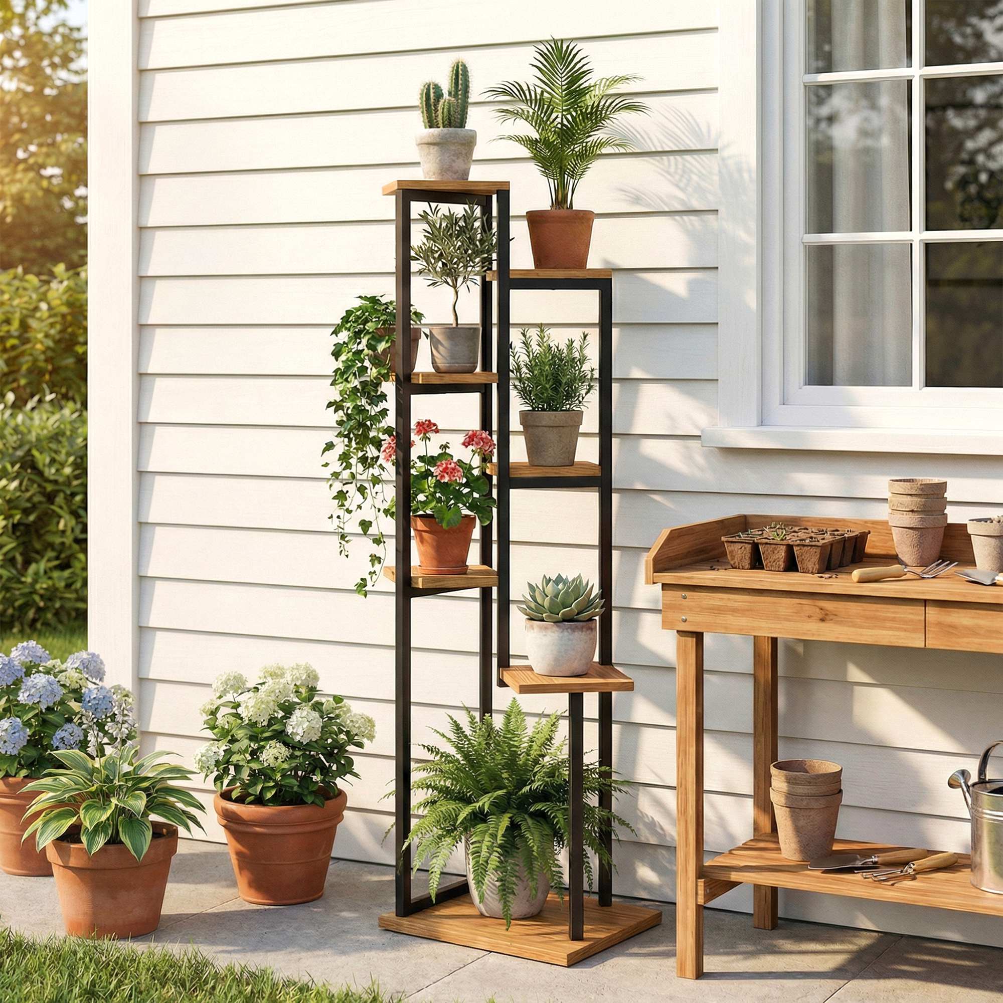 7-Tier Plant Stand, 51.2 in Tall Staggered Wooden & Steel Flower Shelf – Light Brown