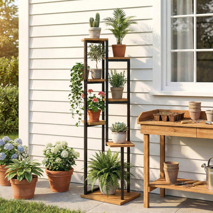 7-Tier Plant Stand, 51.2 in Tall Staggered Wooden & Steel Flower Shelf – Light Brown