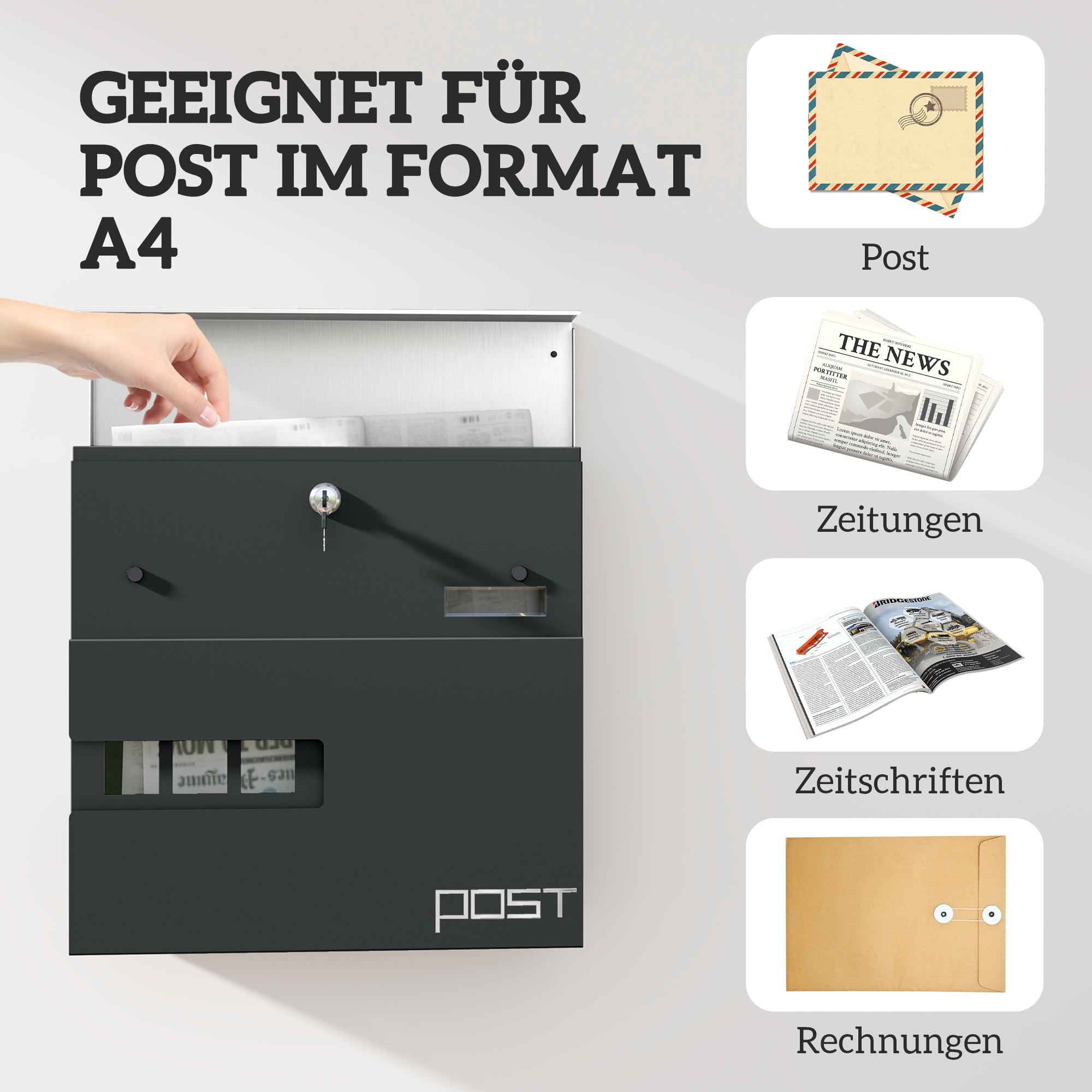 Mailbox Wall Mount Mailbox made of Steel with Viewing Window, Lock, Copper Core, Mailbox for Outdoor, 37 x 10.5 x 37 cm, Dark Gray