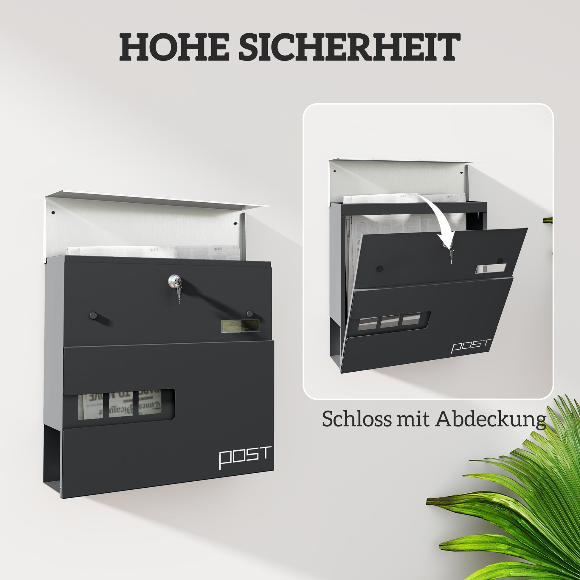 Mailbox Wall Mount Mailbox made of Steel with Viewing Window, Lock, Copper Core, Mailbox for Outdoor, 37 x 10.5 x 37 cm, Dark Gray