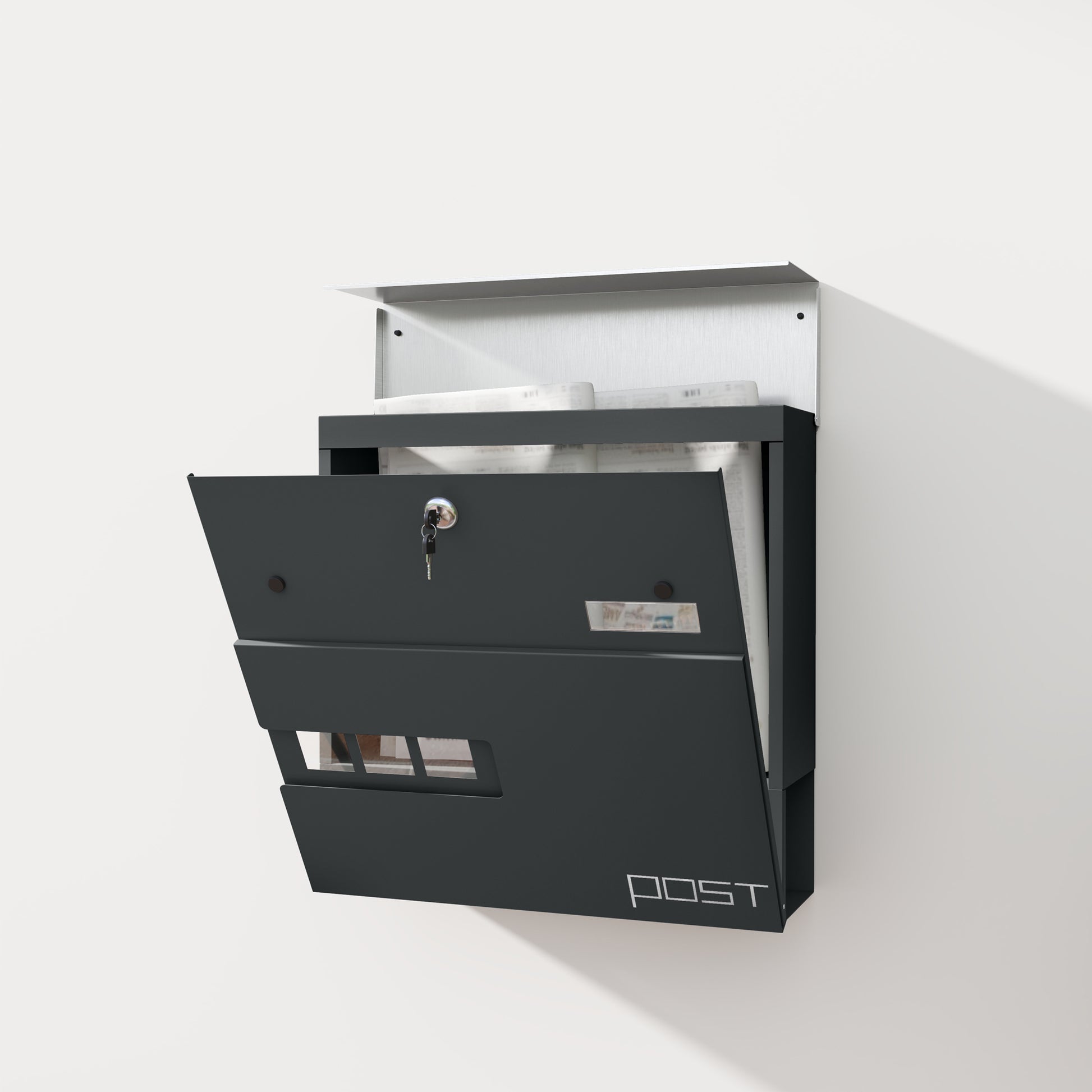 Mailbox Wall Mount Mailbox made of Steel with Viewing Window, Lock, Copper Core, Mailbox for Outdoor, 37 x 10.5 x 37 cm, Dark Gray