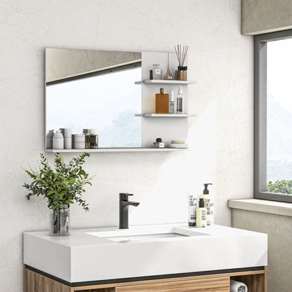 Modern Bathroom Mirror with 2 Side Shelves and Bottom Shelf, Wall Mirror in MDF and Glass, 75x10x48 cm, White